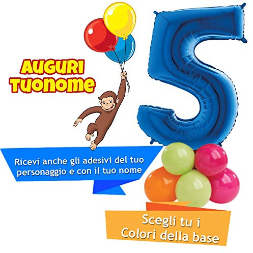 Dolce idea Composizione Personalizzata Mylar Sagoma Numero 5 Blu con Adesivi di Curioso Come George e del Tuo Nome, Base Pallocini e Kit Fai da Te, Addobbi Festa Compleanno