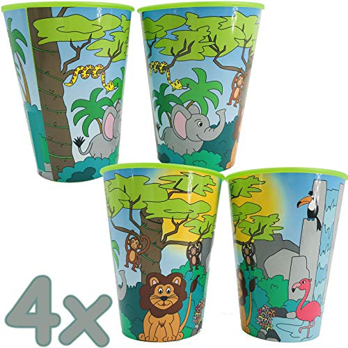 Neu: 4X Dicke, stabile Kunststoff-Becher * Wilde Tiere & Safari * für Mottoparty und Kindergeburtstag | Kinder Geburtstag Motto Dschungel | Perfekt als Mitgebsel | Mehrweg-Becher - Keine Einweg!