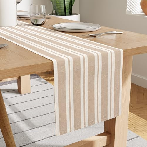 Encasa XO Baumwoll-Tischläufer 8 Seater | Größe 32x264 cm | Franca Beige Streifen - Maschinenwaschbar & Langlebig