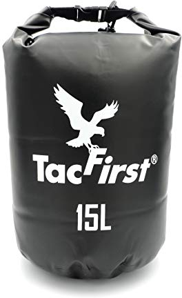 TacFirst Dry Bag Seesack, wasserdichter Packsack mit Fast-Fold Verschluss 2L / 3L / 5L / 10L / 15L / 20L / 25L / 30L wasserfester Trockenbeutel (Schwarz, 15L)