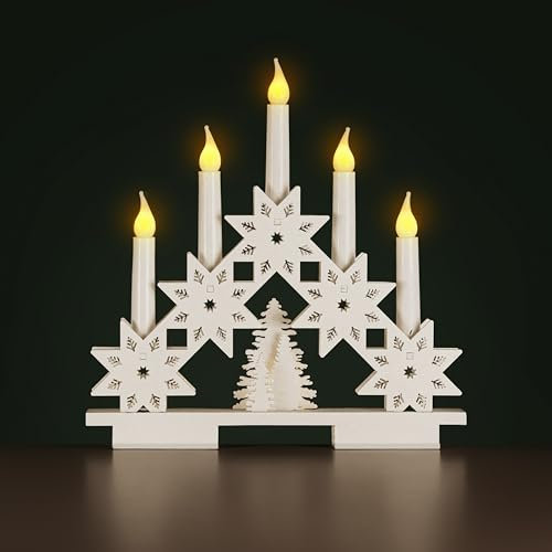 HomeZone® Rustic White Wooden Snowflake 6 LED Christmas Candle Bridge Arch Tower Battery Operated Candlebridge Festive Window Christmas Decoration