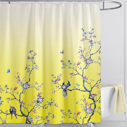 LIVETTY Yellow Bird Floral Shower Curtain 180cm × 180cm Mould Proof Butterfly Fabric Bathroom curtain For Women & Men With 12 Hooks Washable Quick-Drying Curtains
