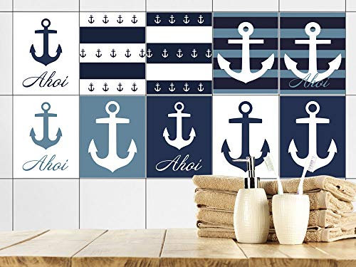 GRAZDesign Fliesenaufkleber Bad Anker maritim Blau Rot Weiß, Fliesensticker Fliesen zum Aufkleben Klebefliesen für Badfliesen - Set 10 Stück
