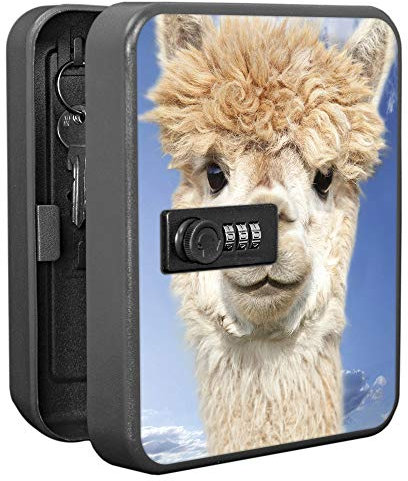 banjado Burg-Wächter abschließbarer Schlüsselkasten für 20 Schlüssel/Schlüsselkasten mit Zahlenschloss 16x20x8cm groß/Schlüsselschrank aus Stahlblech schwarz/Motiv Lama