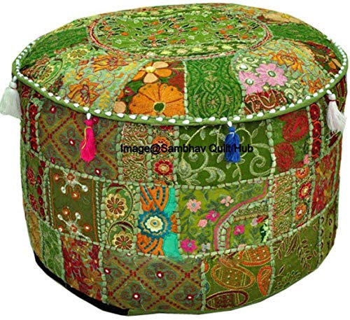 Sambhav Quilt Hub Traditionelle runde Stickerei, Vintage-Ottoman-Pouf-Bezug, Patchwork-Ottomane, Wohnzimmer, Patchwork, Fußhocker-Bezug, dekorativ, handgefertigt, Heimstuhlbezug (35,6 x 55,9 cm)
