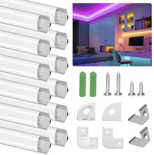 LED Aluminium Profil 1m, 12 Pack V-Form LED Profil/LED-Kanäle mit Milchig Weißer Abdeckung, LED-Diffusoren mit Endkappen, Montageclips und Eckverbindern