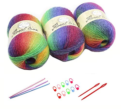 YAMEE 3 Stück 100 g Handstrickgarn farbverlauf wolle zum stricken Farbverlaufswolle Häkelgarn Stricken Garn Hand Gestrickt Garn Weberei Garn mit Häkelhaken und Häkelgarn Set