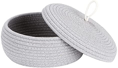 Sea Team Round Cotton Rope Storage Basket with Lid, Decorative Woven Storage Bin, Pot, Caddy, Organizer, Container for Snacks, Towels, Plants, 10 x 4.5 Inches (Small, Shallow, Grey)