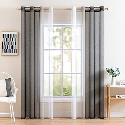 MIULEE 2er Set Voile Vorhang Zweifarbiger Vorhang mit Ösen Transparente Gardine Ösenschal Fensterschal Lichtdurchlässig für Schlafzimmer, 140x225cm, Schwarz