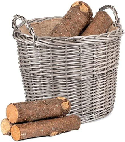Wrenbury Extra Large Wicker Log Basket - 51cm Fireside Log Baskets for Wood Burner Indoor - Round Kindling Fire Wood Basket for Fireplaces with Lining