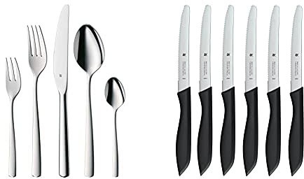 WMF Boston Besteck Set 12 Personen, Essbesteck 60 teilig, Monobloc-Messer, Cromargan Edelstahl poliert & Classic Line Frühstücksmesser Set 6-teilig, 23 cm, Brötchenmesser Wellenschliff, schwarz