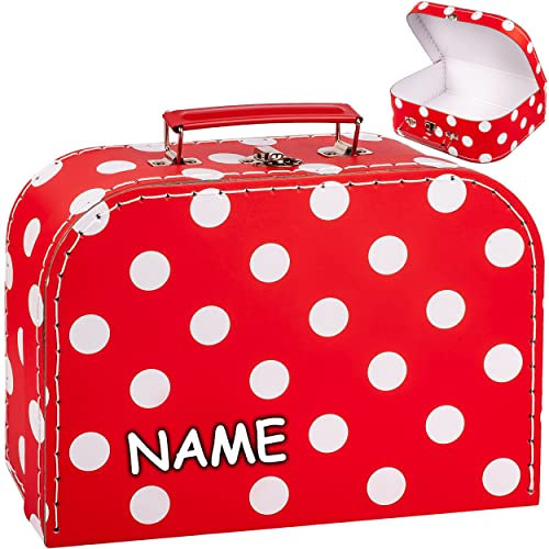 alles-meine.de GmbH 1 Stück Koffer/Kinderkoffer - MITTEL - rot & weiße Punkte - incl. Name - 25 cm - Pappkoffer - Puppenkoffer - Kinder - Pappe Karton - gepunktet/Polka..