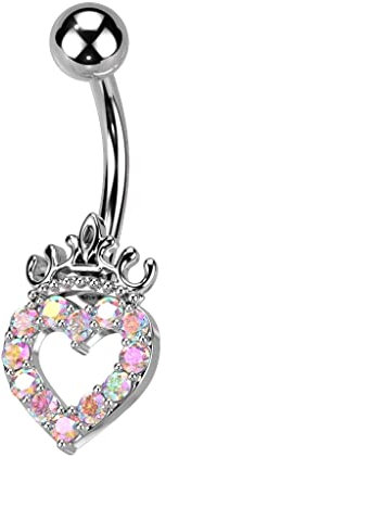 beyoutifulthings Bauch-nabelpiercing Pavé Herz Krone Zirkonia Regenbogen Nabel-Piercing Chirurgenstahl Bananabell Silber Stab-länge 10-mm
