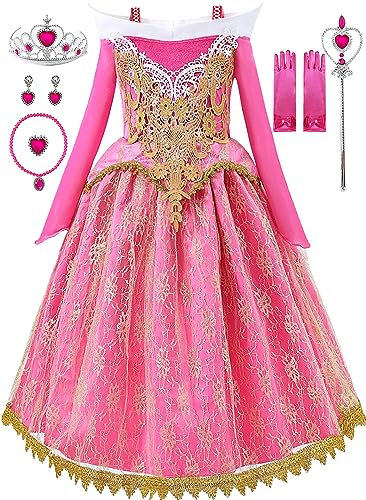 Aoiviss Costume Da Principessa Rosa Per Bambina Abito Da Principessa In Pizzo Travestimento Da Festa Compleanno Halloween