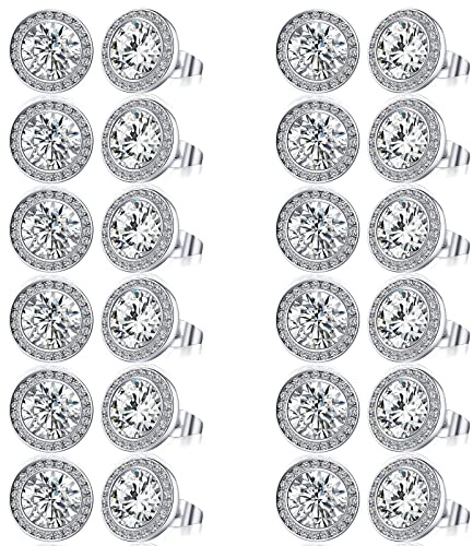 Bonuci 12 Pairs 15 mm Dance Competition Earrings Rhinestone Studs Round Earring Bulk Silver Jewelry Women Performance Wedding(Ear Stud)