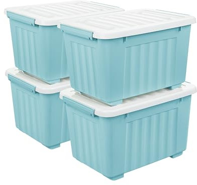 Cetomo 35L*4 Storage Boxes with Wheels, Plastic Storage Box with Lid, Latching Buckles, Click Closure, Stackable, Nesting, Durable Organizer for Home Office Clothes, Blue, 35L-4 Pack