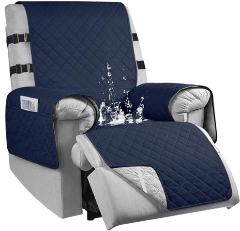 100% Wasserdicht Sesselauflage mit Armlehnen, rutschfest Sesselschoner für Relaxsessel mit 2 Verstellbaren Riemen, Fernsehsessel Schoner 1 Sitzer für Familien mit Haustieren Geeignett, Blau, L