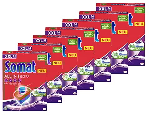 Somat All in 1 Extra Spülmaschinen Tabs (7x54 Tabs), Geschirrspül Tabs für strahlende Sauberkeit auch bei niedrigen Temperaturen, bekämpfen selbst verkrustete Rückstände