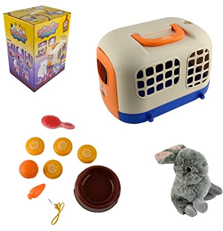 Tierarzt Spielzeug Kinder mit Käfig, Kikuo Plüsch Kaninchen Hase Spielzeug, Hersity Tierarztkoffer Käfig mit Rädern, Sotodik Grooming Fütterung Kaninchen für Kinder 3+ Jahre alt Mädchen Jungen