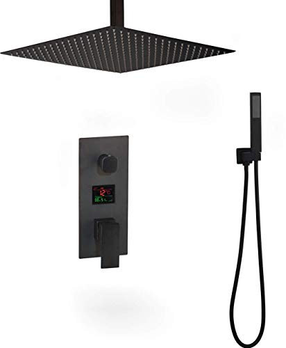 CAZARU Deckenmontierte Badezimmerdusche 3-Funktionen-Schwarz-Digital-Duscharmaturen-Set Ultradünner Regenduschkopf 2-Wege-Digitalanzeige-Mischbatterie, Luxus-Duschset, 12 Zoll