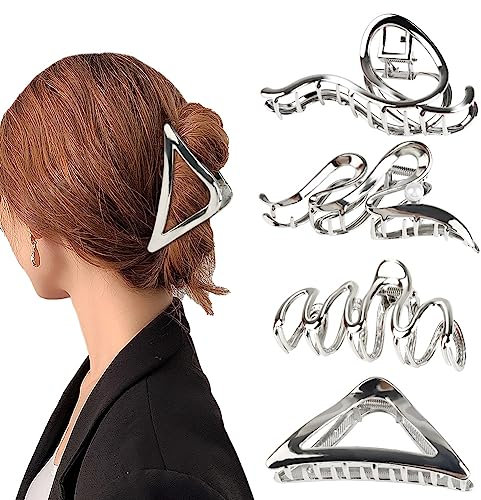 Lot de 4 grandes pinces à cheveux en métal argenté pour cheveux épais et fins - Antidérapantes - Pour femmes et filles