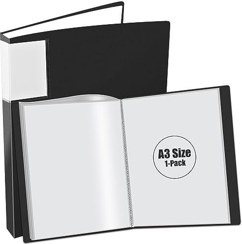 JIKIOU A3 Folder with Clear Plastic Sleeves, 40 Pockets Art Portfolio Presentation Folder 80 Views Storage Book for Painting Artwork, Black