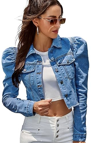 FEOYA Women's Cropped Denim Jacket Puff Sleeve Slim Fit Vintage Jean Coat Pockets Front Button Down Crop Jean Jacket Deep Blu L