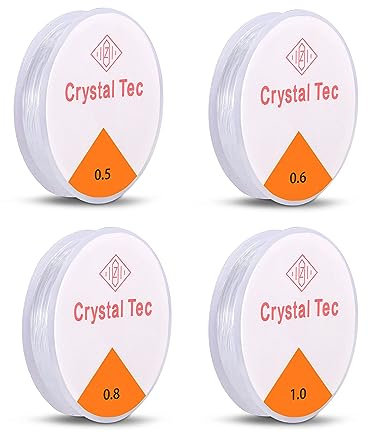 Elastic Band for Bracelets, 4 Spool Bracelet Elastic Cord, Elastic Band Rubber Thread for Bracelets, for Bead Jewellery, Jewellery Making, Necklace, DIY Crafts (0.5 mm, 0.6 mm, 0.8 mm, 1.0 mm)