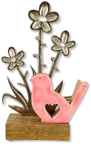 Holz und Metall Vogel rosa mit Blumen 14 x 23cm Tisch-Deko Wohndekoration Aufstelldeko Vögelchen Blümchen