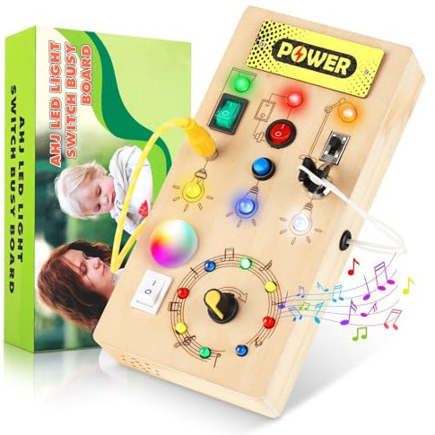 AHJ Busy Board Baby Montessori Spielzeug ab 2 Jahr, Activity Board Motorikspielzeug mit 8 Schalter 15 LED, Holzspielzeug Sensorik Spielzeug Lernspielzeug, Geschenk Jungen und Mädch ab 2 3 4 Jahr