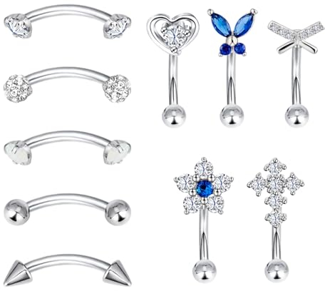 Longbeauty 16G Edelstahl Bananabells Gebogen Barbell Piercing Zirkonia Lippen Augenbrauen Labret Septum Bauch Ring, 10 Stk, Silber