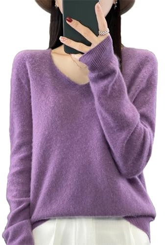 Maglione da donna in 100% lana merino con scollo a V in cashmere lavorato a maglia pullover top autunno inverno allentato, Viola, M