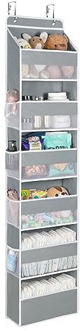 Univivi Over The Door Organiser, 6-Shelf Hanging Storage Pockets, Back Door Storage with Perspective Grids and 8 Side Mesh Pockets, Behind Door Organiser for Bedroom Living Room (Grey)