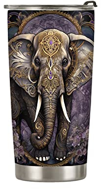 177 Vaso Termo Cafe Para Llevar Con Tapa Y Pajita, Mandala Rosa Púrpura Flor Elefante Amarillo Real Estampado Personalizada Vasos Termicos Cafe Para Llevar Taza Térmica Para Navidad Oficina 20Oz
