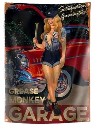 hotrodspirit - Flagge Grease Monkey Garage Pin-up und amerikanisches Auto, Rot, 150 x 90 cm