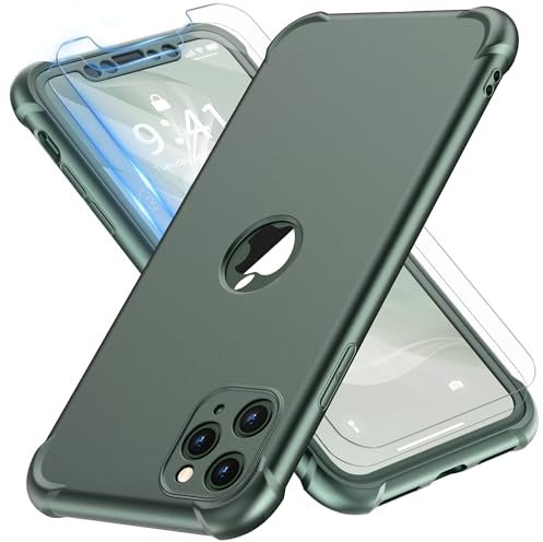 ORETECH for iPhone 11 Pro Case, with [ 2 x Tempered Glass Screen Protector] 360 Shockproof Heavy Duty Protection Ultra Thin Hard PC Silicone TPU Rubber Bumper Cover for iPhone 11 Pro - Dark Green