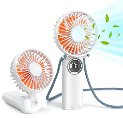 AdrreyuFny Hand Held Fan, Portable Handheld USB Rechargeable Fans with 6 Speeds, Personal Battery Powered Mini Fan Foldable Desk Desktop Fans with Lanyard for Home Travel Office Outdoor