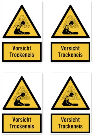 Aufkleber: 112.5x75 mm, 4 Stück - Vorsicht Trockeneis - Warnzeichen mit Text (deutsch) (gelb/schwarz) - hochkant - W041 - DIN EN ISO 7010 / ASR A1.3