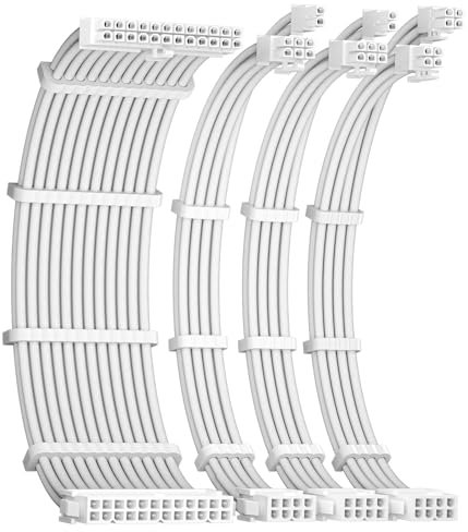 Okinos 16AWG PSU Cable Extension, Soft Braided Cable Extension PC, 1x24Pin ATX / 1x8Pin(4+4) EPS / 2x8Pin(6+2) PCI-e PSU Extension Cable Kit, 30cm with Combs, White