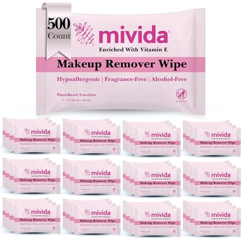 mivida 500 Count Hypoallergenic Makeup Remover Wipes Individually Wrapped with Vitamin E, Dermatologist Tested Face Wipes, Alcohol Free, Fragrance Free Makeup Wipes Bulk Hotel, Vacation Rental