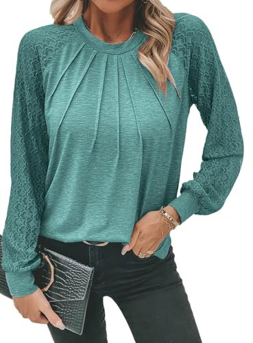 Chicrise Camicia Donna Elegante Scollo Rotondo Maglia Pizzo Maniche Lunghe Blusa Autunno Moda Verde Small 34-36
