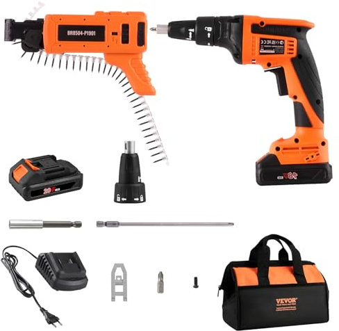 VEVOR Pistola a vite per cartongesso con alimentazione automatica, 20 V Max Collated Drywall Screwgun, 4200RPM Brushless Cordless Dry Gun Kit con 2 pacchi batteria, clip per cintura, caricabatterie,