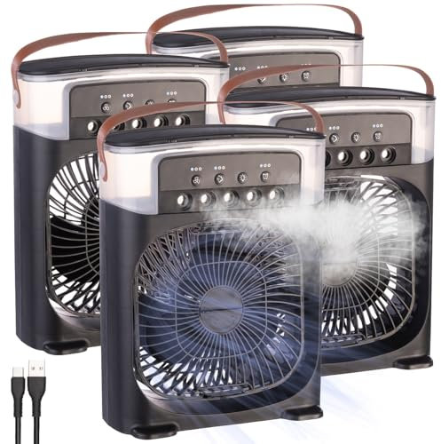Sichler Haushaltsgeräte Elektrischer Ventilator: 4er USB-Tischventilator mit Ultraschall-Vernebler,Timer&Nachtlicht (Ventilator mit LED-Licht, Kühlsprühventilator, Sprühventilator)