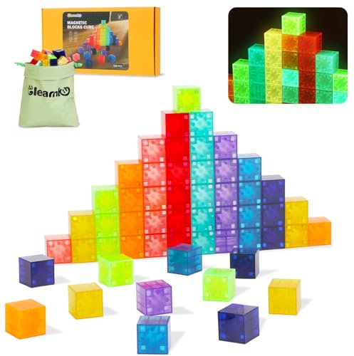 Gleamkid 54 PCS Magnetic Building Blocks for Kids, Glow-In-The-Dark Magnetic Tiles, Rainbow Magnetic Cubes, STEM Sensory Educational Toy, Ideal Present Toys for 3 4 5 6 7 8 Year Old Boys/Girls
