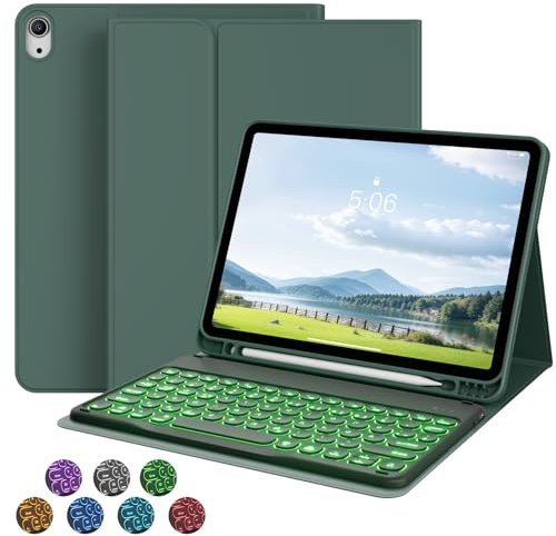 GKABXY Étui avec clavier pour iPad Air 11 (M3/M2), iPad Air 7 6 5 4 (2025/2024/2022/2020) 10,9, avec porte-stylo, disposition QWERTZ, 7 couleurs, clavier Bluetooth magnétique amovible, vert nuit