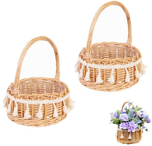 2 Stück Blumenkorb Hochzeit, Weidenkorb Klein, Körbchen Blumenkinder, Blumenstreukörbchen, Rattan-Blumenkorb, mit Henkel, Vintage-Stil, für Hochzeit Tischdeko (Klassisch Medium)