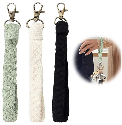 3 Stücke Schlüsselanhänger,Schlüsselanhänger Makramee,Armband Schlüsselband,Schlüsselanhänger Kurz Lanyard,Boho Armband Schlüsselband,Weich Makramee Schlüsselanhänger,Für Damen (Schwarz,Weiß,Hellgrün)