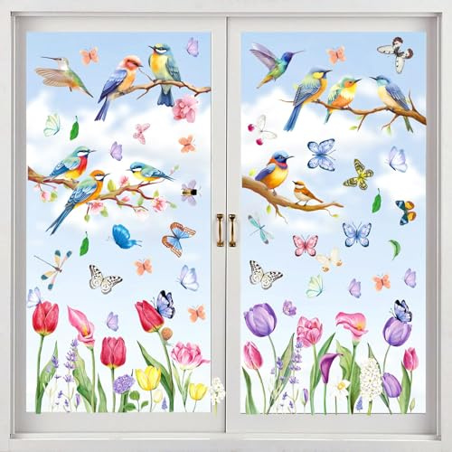 Alluring 76 Stück Fensterbilder Frühling Selbstklebend, 9 Blatt Fenstersticker Vogelschutz, Fensterfolie Kinderzimmer Blumen für Wohnzimmer, Schlafzimmer, Küche, Kinderzimmer Fensterscheiben