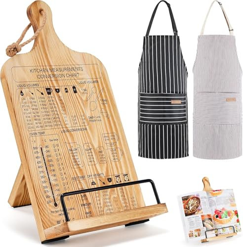 Wooden Cookbook Stand with 2 Aprons, Hieght Adjustable Bookholder for Kitchen Counter, Cookbook Holder Stand Wood Sturdy with Measurement Conversion Chart, Foldable Easel for Kitchen