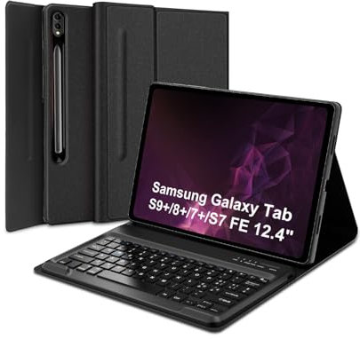 SENGBIRCH Custodia Tastiera per Samsung Galaxy Tab S9Plus /S8+ /S7+ /S7FE 12.4, Layout Italiano QWERTY Rimovibile Wireless Bluetooth Tastiera, Cover Tastiera S9Plus 12.4“, Nero